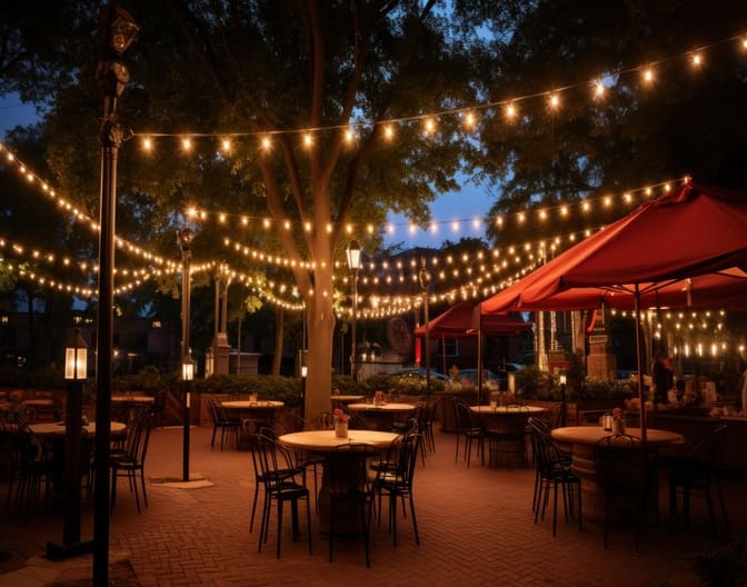 A picture of outdoor patio restaurant with string light canopies