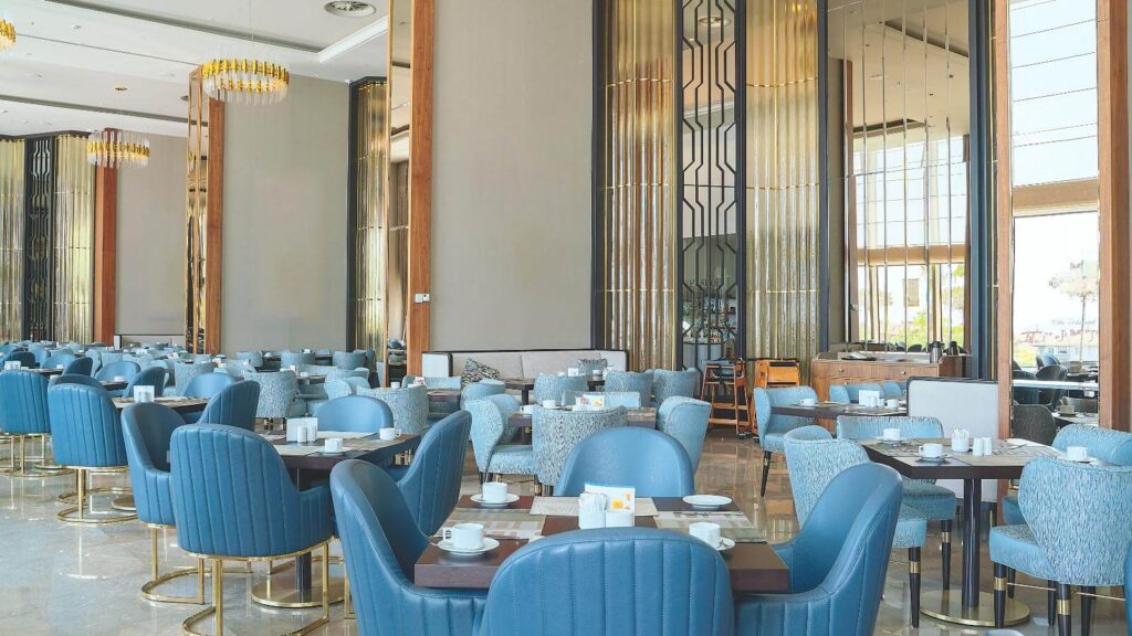 vinyl and fabric dining chairs in a restaurant