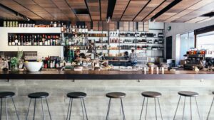 industrial stools below restaurant counter