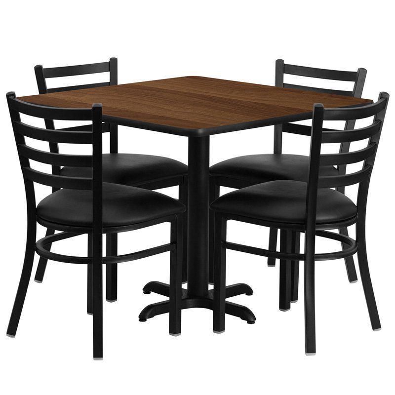 Restaurant Set of 36 Square Black Table On Heavy Duty Black Iron Cast Base  with Four X-Back Commercial-Grade Walnut Restaurant Chair -  ModernLineFurniture®