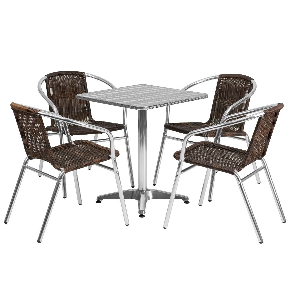 23.5'' Square Aluminum Indoor-Outdoor Restaurant Table with 4 Slat Back Chairs 