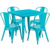 31.5" square metal table with 4 stack chairs - Teal-Blue