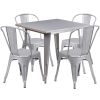 31.5" square metal table with 4 stack chairs - Silver