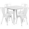 31.5" square metal table with 4 stack chairs - White