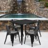 Black 31.5" square metal table with 4 arm chairs