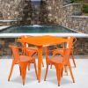 Orange 31.5" square metal table with 4 arm chairs