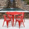 Red 31.5" square metal table with 4 arm chairs