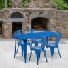 Blue 31.5" x 63" rectangular metal table with 4 stack chairs