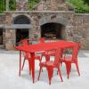 Red 31.5" x 63" rectangular metal table with 4 stack chairs