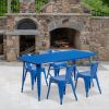 Blue 31.5" x 63" rectangular metal table with 4 arm chairs