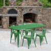 Green 31.5" x 63" rectangular metal table with 4 arm chairs
