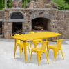 Yellow 31.5" x 63" rectangular metal table with 4 arm chairs