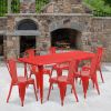Red Metal Rectangular Table with 6 stackable side chairs