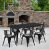 Black 31.5" x 63" rectangular metal table with 6 arm chairs