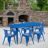 Blue 31.5" x 63" rectangular metal table with 6 arm chairs