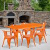 Orange 31.5" x 63" rectangular metal table with 6 arm chairs