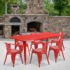 Red 31.5" x 63" rectangular metal table with 6 arm chairs