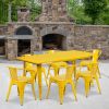 Yellow 31.5" x 63" rectangular metal table with 6 arm chairs