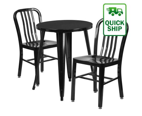 24" round metal table set with 2 vertical slat back chairs