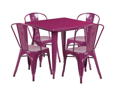 Purple 31.5" square metal table with 4 stack chairs