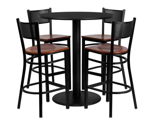 Laminate Table Set - Black Table w/ Cherry Wood Grid Back Barstools