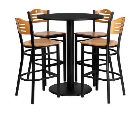 Laminate Bar Height Table Set - Black Table w/ Black Vinyl Slat Back Barstools
