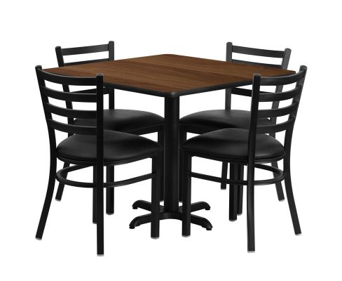 Laminate Table Set - Walnut Table w/ Black Vinyl Ladderback Chair