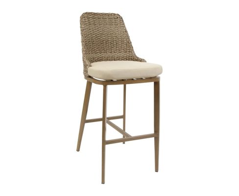 Wood Grain Finish Aluminum Barstool - Wicker Woven Back and Ivory Cushioned Seat