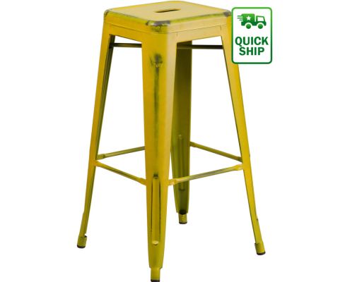 Distressed Square Seat Metal Barstool - Yellow