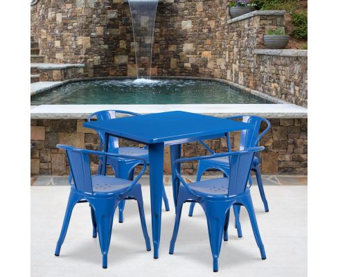 Blue 31.5" square metal table with 4 arm chairs