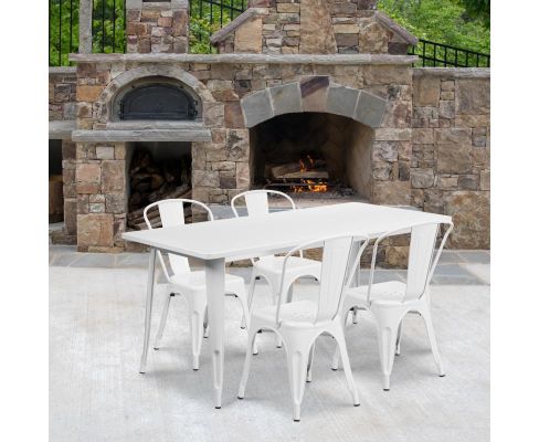 White 31.5" x 63" rectangular metal table with 4 stack chairs