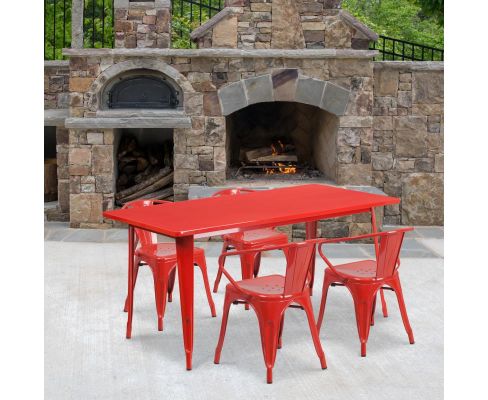 Red 31.5" x 63" rectangular metal table with 4 arm chairs