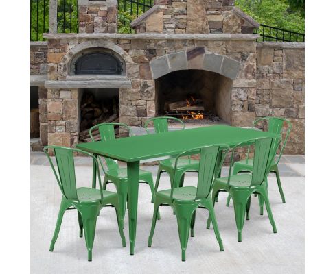 Green Metal Rectangular Table with 6 stackable side chairs