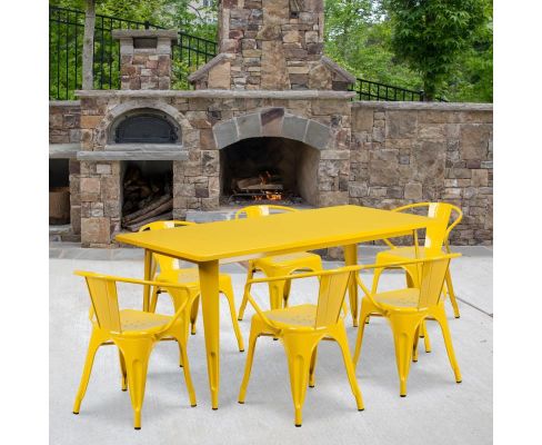 Yellow 31.5" x 63" rectangular metal table with 6 arm chairs
