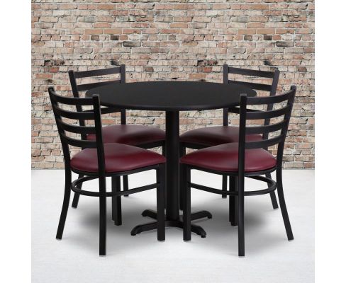 Laminate Table Set - Black Table w/ Burgundy Vinyl Ladder Back Chair