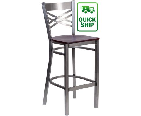 Clear Coat X-Back Metal Frame Barstool - Mahogany Wood Seat