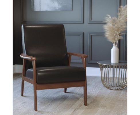 Langston Modern Arm Chair - Black Leather/Faux Leather, Walnut frame