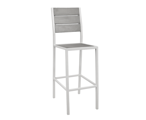 White Steel and Gray Faux Teak Slat Seat/Back Barstool