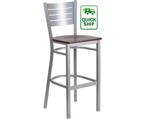 Slatback Metal Frame Barstool - Mahogany Wood Seat