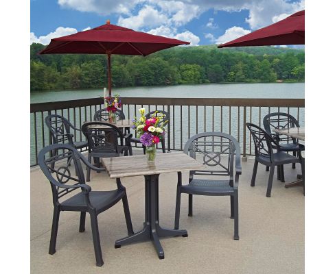Molded Melamine Outdoor Tabletop -Aged Oak shown with chairs