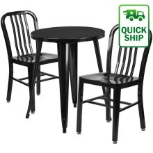 Black 24" round metal table with 2 vertical slat back chairs