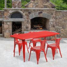 Red 31.5" x 63" rectangular metal table with 4 arm chairs