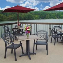 Molded Melamine Outdoor Tabletop -Aged Oak shown with chairs