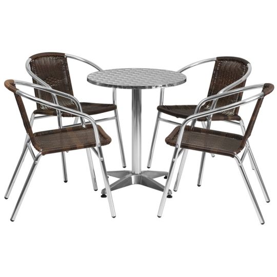 Stainless Steel Outdoor Set - Stainless Table Top w/ Brown Rattan Chair