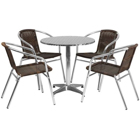 Stainless Steel Outdoor Set - Stainless Table Top w/ Brown Rattan Chair