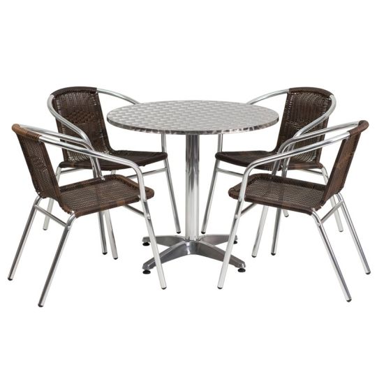 Stainless Steel Outdoor Set - Stainless Table Top w/ Brown Rattan Chair