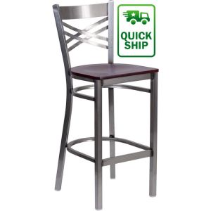 Clear Coat X-Back Metal Frame Barstool - Mahogany Wood Seat