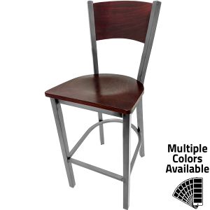 SL2150-1 Metal Frame Barstool - Clear Coat/Mahogany Seat/Plain Mahogany Back