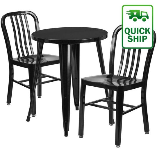 24" round metal table set with 2 vertical slat back chairs