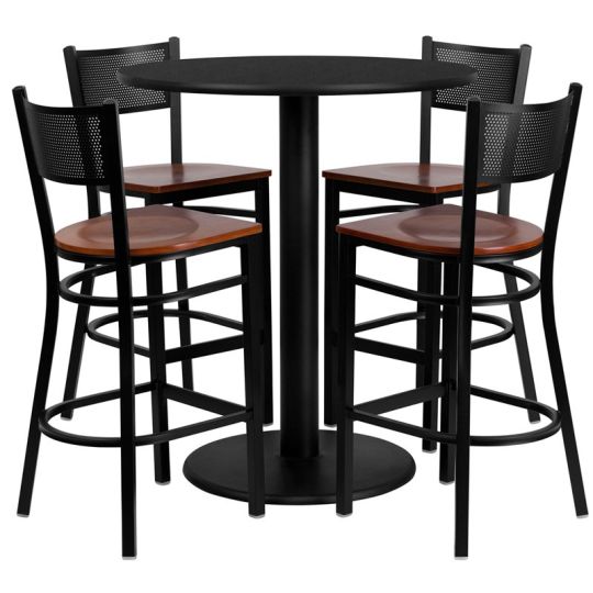 Laminate Table Set - Black Table w/ Cherry Wood Grid Back Barstools